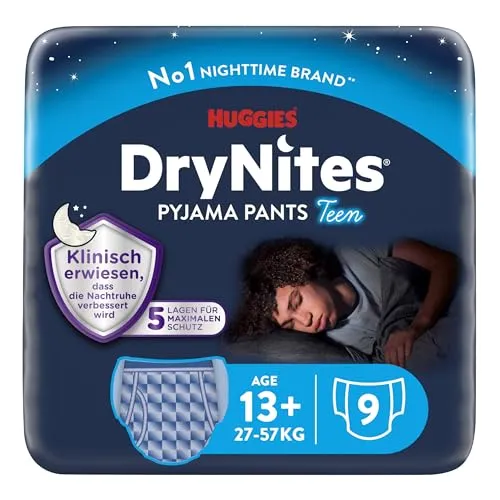 Huggies DryNites Nachtwindeln für Jungen 13-17 Jahre - Inkontinenzhilfen für trockene Nächte: 5-fach absorbierende Pants mit geräuschlosem Material und coolem Design, ideal für Jungen von 13 bis 17 Jahren (48-60 KG). Bequemer Tragekomfort und einfache Handhabung.