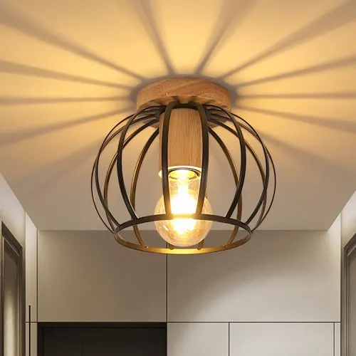 Goeco Deckenleuchte Schwarz, E27 Lampenfassung Industrial Lampenschirm in Form eines Metallkäfigs mit Holzsockel, Deckenlampe Vintage für Flur, Balkon und Speisesaal, Ø 19cm