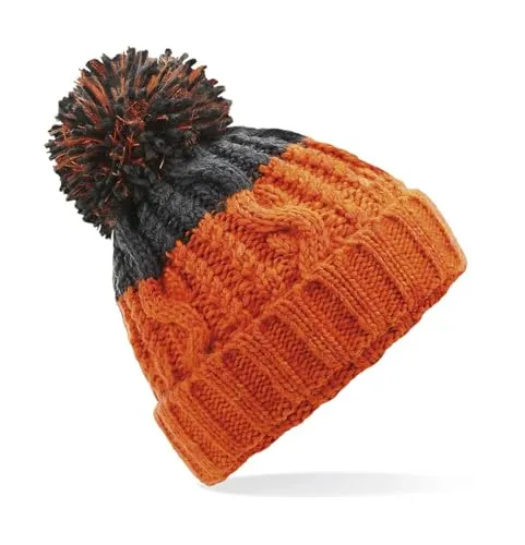 Neverless Strick-Mütze Damen Grobstrick Pudel-Mütze zweifarbig Ombré Farbverlauf Bommel-Mütze Winter-Mütze Orange-grau Unisize