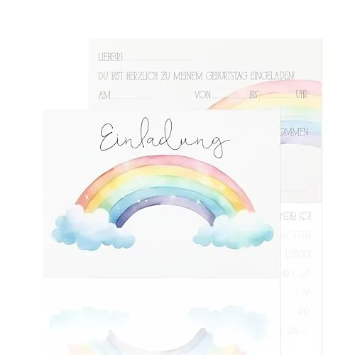 CraftWerk Regenbogen Einladungskarten 12er Set - Geburtstagseinladung für Jungen und Mädchen zum Kindergeburtstag, Geburtstagsfeier und Party - 14,8 x 10,5 cm