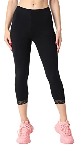 Bellivalini Damen 3/4 Capri Leggings aus Bio-Baumwolle mit Spitze für Tunika BLV50-224 (Schwarz, S)