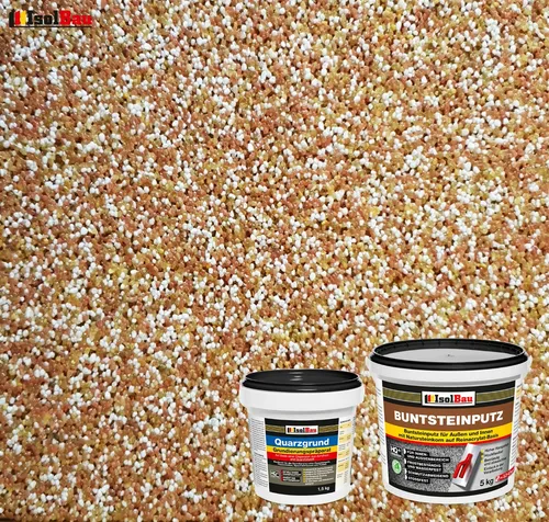 Buntsteinputz SET Mosaikputz BP 40 (braun, weiss, gelb) 5 kg + Quarzgrund 1,5 kg - Mörtel, Putz, Zement & Gips - Flexibler, gebrauchsfertiger Mosaikputz, der für Innen- und Außenbereiche geeignet ist, schimmelresistent und frostbeständig.