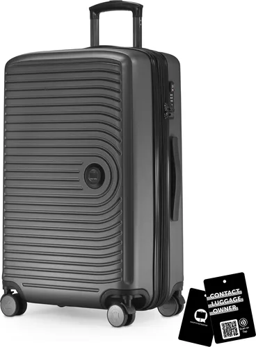 Mitte - mittelgroßer Koffer + digitaler Namensschild, erweiterbarer Reisekoffer Check-In Gepäck Rollkoffer 90L Gurtmaß 158 cm Doppelrollen Trolley TSA,Graphite