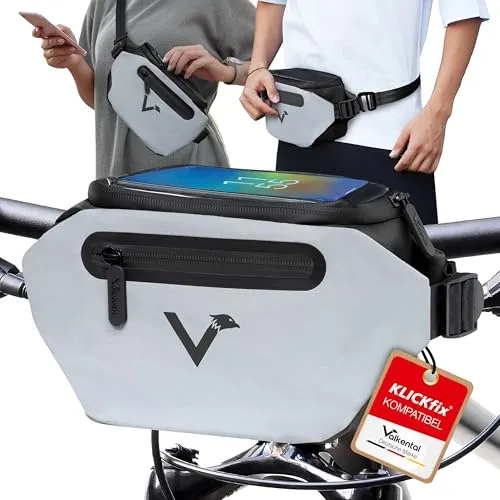 Valkental® x KLICKfix® 3in1 Fahrradtasche Lenker - Fahrradtaschen - Vollreflektierende & wasserfeste Lenkertasche, wandelbar in Bauchtasche, ideal für den Stadtalltag mit 4L Volumen und innovativen Features.