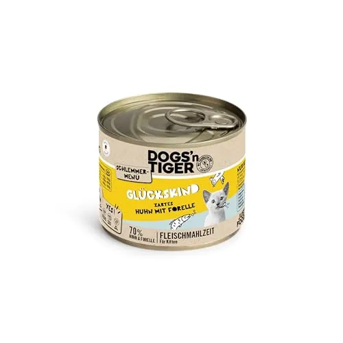 Dogs'n Tiger Schlemmermenü Glückskind, Nassfutter für Kätzchen, saftiges Huhn und Forelle - ohne Getreide, Zuckerzusatz, künstliche Konservierungsstoffe, optimale Verträglichkeit, 6X 200g