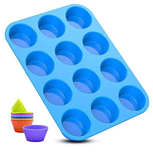 LLNRC Mini Muffinform Silikon,12er Muffin Backform,Backförmchen Antihafteigenschaft Muffinblech mit 12 Stück Wiederverwendbare Muffinförmchen fuer Cupcakes,Pudding,Kuchen,Blau Muffins Backblech