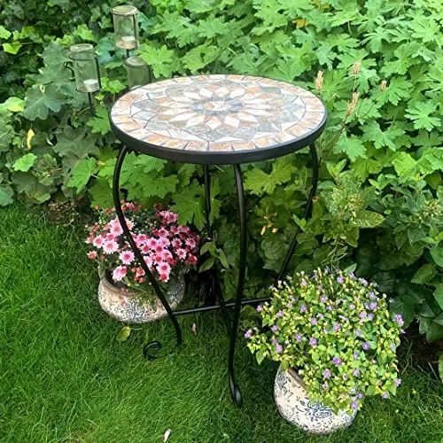 K&L Wall Art Mosaik Blumentisch - Beistelltisch mit handgefertigter Steinplatte - Beistelltisch mit robustem Stahlgestell, wetterfest und ideal für Garten oder Balkon. Die handgefertigte Mosaik Steinplatte setzt Pflanzen und Blumen perfekt in Szene.