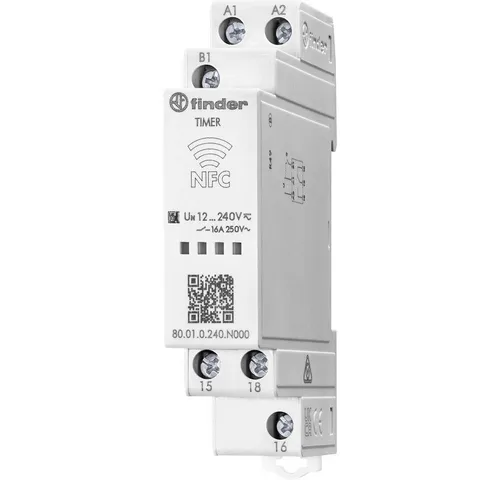 Finder 80010240N000 Zeitrelais Multifunktional - Multifunktions-Zeitrelais für DIN-Schiene, programmierbar über NFC, Zeitbereich von 0.1 s bis 24 h, ideal für flexible Anwendungen in der Automatisierung.