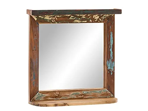 Woodkings® Bad Spiegel Sumana mit Holzrahmen - Praktischer Wandspiegel aus recyceltem Hartholz, BxHxT: 52x60x15 cm, inklusive Ablage für zusätzliche Funktionalität im Badezimmer.