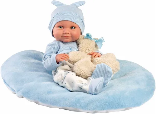 Llorens 1073807 Puppe Nico – Babypuppe mit blauen Augen und Teddybär - Puppen, handgefertigte Babypuppe mit 40 cm, festem Vinylkörper und hochwertigem Outfit, inkl. Teddybär und Kuschelkissen – das perfekte Geschenk für jeden Anlass!
