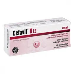 Cefavit B12 Kautabletten - Nahrungsergänzungsmittel mit hochdosiertem Vitamin B12, 100% vegan, unterstützt die Verringerung von Müdigkeit und fördert den Energiestoffwechsel.