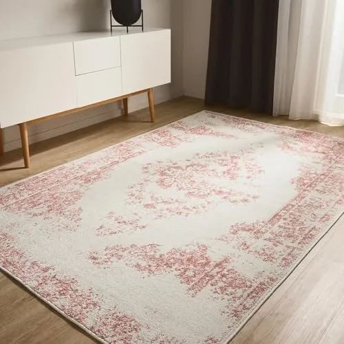 benuta Basic Teppich Sia - Creme/Rosa 240x340 cm - Kunstfaser - Rechteckig & im Style: Vintage, Boho-Style, Retro - Pflegeleicht für Wohnzimmer Schlafzimmer