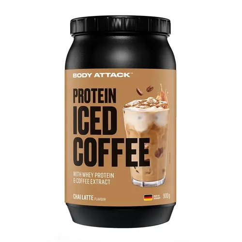 Body Attack Protein Iced Coffee Hazelnut Macchiato - 900g Dose - Genießen Sie den perfekten Mix aus Koffein und Protein. Mit 80 mg Koffein pro Portion und feinstem Whey Protein ist dieser Mahlzeitenersatz ideal für unterwegs oder nach dem Training.