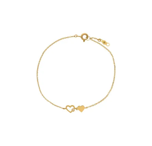 XENOX Armband XG14K7027G, zwei Herzen - Elegantes Armband aus 585er Gelbgold mit zwei Herzen – eines poliert, das andere mit funkelnden Zirkoniasteinen. Ideal für besondere Anlässe oder als stilvolles Accessoire im Alltag. Länge von 16 bis 18 cm, sicherer Federringverschluss.