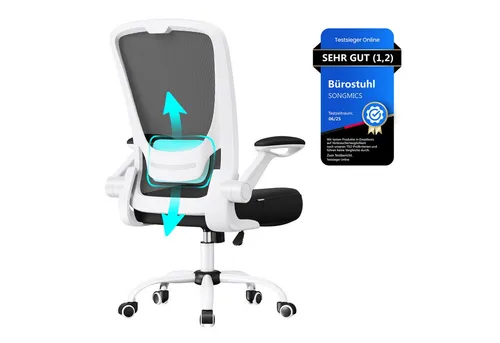 Songmics Bürostuhl OBN37WTV2, schwarz, Stoff/Netz - Drehstuhl mit verstellbarer Lordosenstütze und klappbaren Armlehnen, ideal für ergonomisches Sitzen bis 120 kg. Atmungsaktiver Netzbezug sorgt für Komfort während der Arbeit.