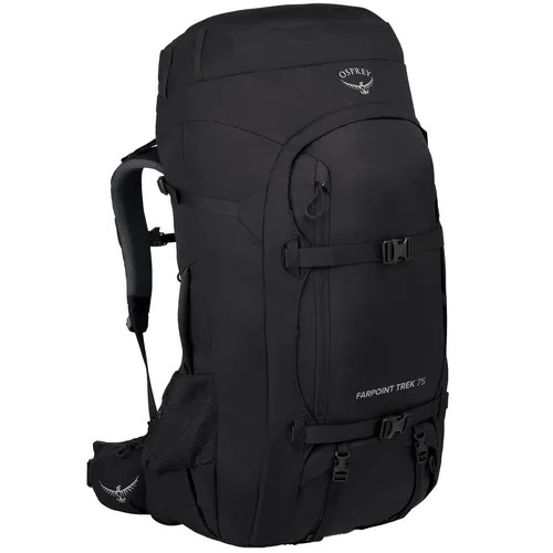 Osprey Farpoint Trek 75 black O/S - Trekking-Rucksack mit 75 Litern Volumen, optimal für abenteuerliche Touren. Ausgestattet mit belüftetem Rückensystem und integrierter Regenhülle für besten Komfort und Schutz.