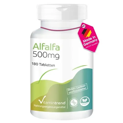 Vitamintrend Alfalfa 500mg, 180 Tabletten, 4:1 Extrakt, Nahrungsergänzungsmittel vegan ohne Magnesiumstearat, in Deutschland hergestellt