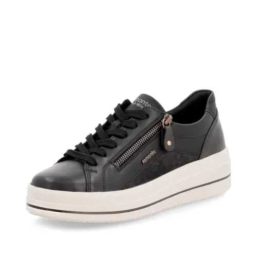 Remonte Damen D1C01 Sneaker Low Schwarz, 39 EU - Damen-Sneaker aus echtem Leder mit Komfortweite, besonders leichte Laufsohle und auswechselbarem Fußbett für optimalen Tragekomfort.
