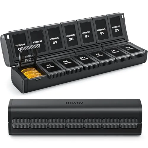 AUVON Innovative Faltbare Tablettenbox 7 Tage Morgens Abends, Medikamentenbox Kompakt mit Doppeltem Schutz (Magnetverschluss), Pillendose Tabletten Organizer für Medikamente, Vitamine, Fischöl usw.
