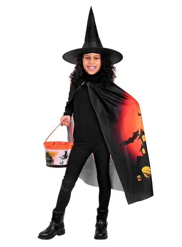 Metamorph Hexen-Kostüm Kürbishexe - Halloween Kostüm Kinder Mädchen, Verspieltes, zweiteiliges Set aus Hexenhut und bedrucktem Cape
