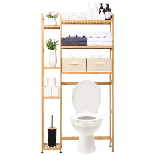 Yorbay Toilettenregal mit 2 Körben, Bambus WC Regal, 3-stöckiges Verstellbar Badregal mit Wasserdichtes Fußpolster, Multifunktional Badezimmerregal, Platzsparend, Einfache Montage (Natur)