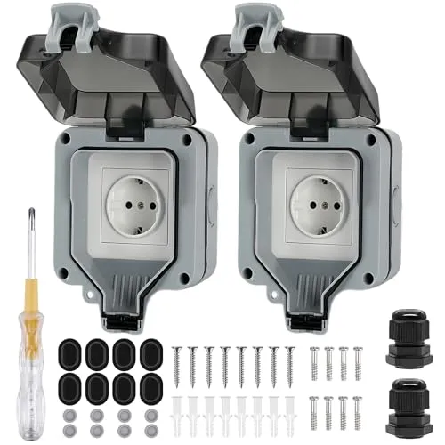 Wasserdichte Aussensteckdose IP66, 2 Stück - Schutzkontaktsteckdosen für den Außenbereich, vollständig wasserdicht und staubdicht, ideal für Gärten und Schwimmbäder. Robust und langlebig mit Kontrollleuchte und Klappdeckel.