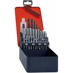 Hand-Gewindebohrer-Satz DIN 352 HSS M3-12 - Zubehör für Elektrowerkzeug, professioneller Handgewindebohrer-Satz mit Kernlochbohrern für präzises Gewindeschneiden in verschiedenen Größen.