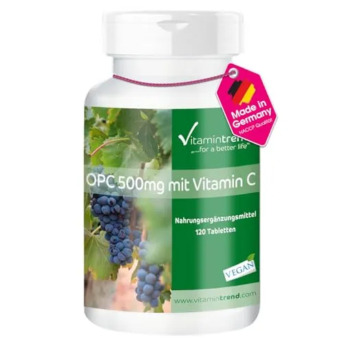 Vitamintrend OPC 500mg mit Vitamin C, 120 Tabletten, Traubenkernextrakt, Nahrungsergänzungsmittel vegan ohne Magnesiumstearat, in Deutschland hergestellt