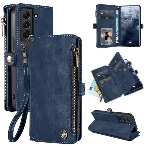 LBH Handy Hülle für Samsung Galaxy S21 FE Klapphülle RFID Schutz Wallet Geldbeutel Geldbörse Cover Case Flipcase Kartenfächer Geldfach Münzfach Blau