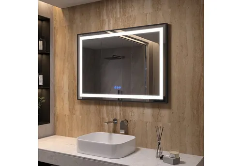 AQUALAVOS Badspiegel Antibeschlage Badezimmerspiegel mit schwarzem Rahmen LED Wandspiegel, 100x70 cm, 2 Lichtfarben Dimmbar, Memory-Funktion, Touch /Wandschalter