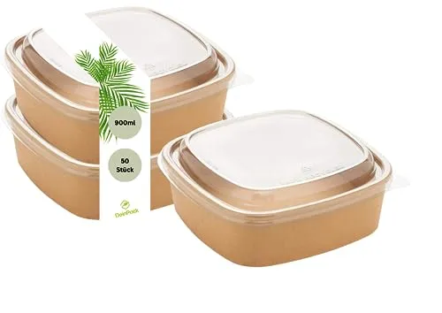 DeinPack 50 Salatschalen 900ml | to go Schalen mit Deckel braun eckig I Recycellbare Schalen Kraftkarton Verpackung mit PLA Beschichtung I Suppenschale | Eisschale | Deckel aus recyceltem PET