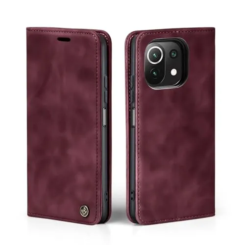 LBH Handyhülle für Xiaomi Mi 11 Lite / 11 Lite 5G in Weinrot mit Karten- und Geldfach Smartphone Hülle mit Standfunktion Flip Case Schutzhülle Magnetverschluss Vintage