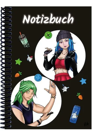 A 4 Notizbuch Manga Quinn und Enora, schwarz, kariert Spiralbindung, Notizbuc...