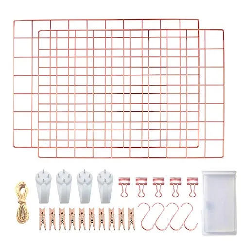 LOYONAL Gitter Foto Wandgitter Rosegold - Pinnwand Gitter Wand - Metallgitter Deko Wand - 2er Set Multifunktionaler Memoboard Gitter Gold 42 × 31 Zentimeter