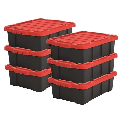 Iris Ohyama Heavy Duty Organisation Boxes, 25L, 6er-Set, Rot, Kompakt, Robust, Stapelbar, Aufbewahrungsbox, Für Garage, Regale, Umzug, Plastik, Utility, Werkzeugkiste, DDSKT-230