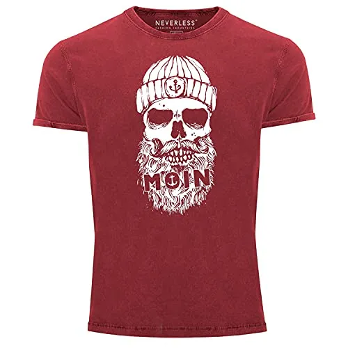 Neverless® Herren Vintage Shirt Moin Totenkopf Anker Skull Printshirt T-Shirt Aufdruck Used Look Slim Fit rot L