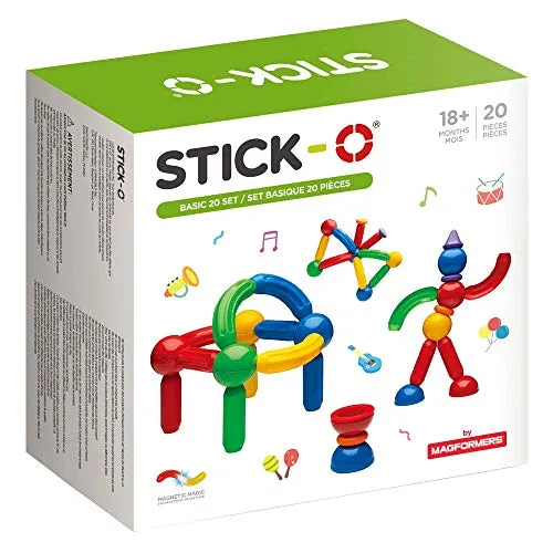 Stick-O magnetische Bausteine für Kinder ab 1 Jahre, kreatives Konstruktionsspielzeug, Lernspielzeug mit Magnet, 36 Modelle für Mädchen und Jungen, Montessori Spielzeug, 20 Teile Set,