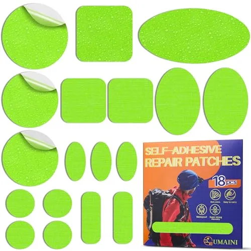 Daunenjacke Flicken Reparaturset, Nylon Flicken Selbstklebend Stoff 18 Stk. | Wasserdicht Daunenjacke Reparatur Patches Neon Green, Zelt Reparaturset, Outdoor Nylon Reparaturflicken für Jacke