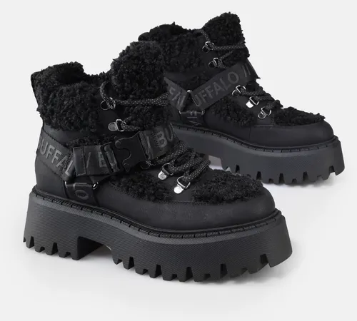 Buffalo Damen Schnürstiefel Schwarz, Größe 39 - Wanderschuhe mit warmem Textilfutter und rutschfester Plateau-Profilsohle, ideal für Komfort und Stil bei Outdoor-Aktivitäten.