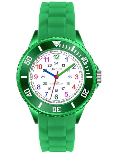 Brecjon Kinder Armbanduhr Jungen Mädchen Lernuhr Silikonuhr Kids 5ATM wasserdicht Silikonarmband grün 2301