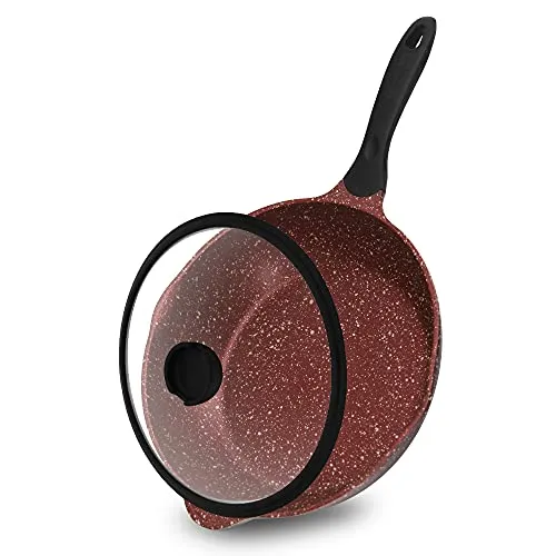 ROSSETTO Schmorpfanne mit Deckel 24 cm hoher Rand, Tiefe Bratpfanne Aluguss Hochrandpfanne, PFOA-free Antihaftbeschichtung, hochwertige Pfanne für alle Herdarten Induktionsgeeignet, Cherrywood