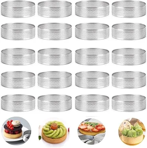Tagtight 20Pcs Edelstahl Tortenringe Dessertringe mit Löchern, 8cm Tartelette Förmchen, Perforierter Dessertringe Mousse Ring, Runde Backringe Kuchenform Für Herstellung Von Pie Kuchen Mousse Backform