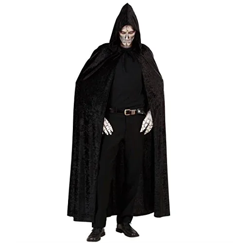 Amakando Langer Samt Umhang Kapuzen Cape schwarz, 150 cm Hexe Kapuzenumhang Samtumhang Vampir Umhangmantel Zauberer Henker Tod Mittelalter Halloween Mantel