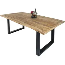 Esstisch Derek 120 x 80 cm, Mangoholz massiv, lackiert & naturfarben, Baumkantentisch mit U-Metallgestell in Mattschwarz, echte Baumkante, 26 mm - Braun