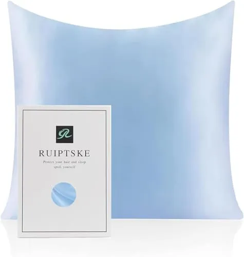 Kissenbezug aus Naturseide, hypoallergen, 22 Momme, 100% Seide, 600 Fäden, mit verdecktem Reißverschluss (Light Blue, 80x80cm)