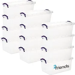 Ella Aufbewahrungsbox mit Deckel Klein, 12 Stück - Praktische und stapelbare Aufbewahrungsbehälter, 1,7 Liter, transparent mit lila Griffen, ideal für eine saubere und platzsparende Aufbewahrung.