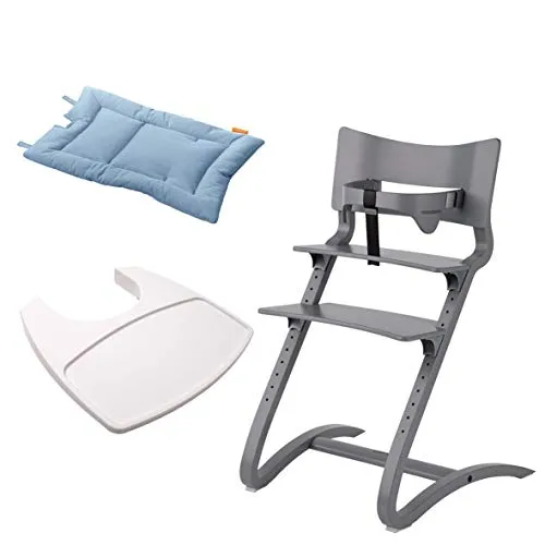Leander Stuhl grau lackiert - Hochstuhl - Kinderstuhl - Erwachsenenstuhl mit Babybügel + Tablett weiß + Kissen dusty blue