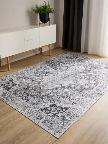 benuta Basic Waschbarer Teppich George - Anthrazit 160x230 cm - Teppich im Vintage-Stil, maschinenwaschbar und mit Anti-Rutsch-Rückseite für sicheren Halt – ideal für Wohnzimmer oder Schlafzimmer.