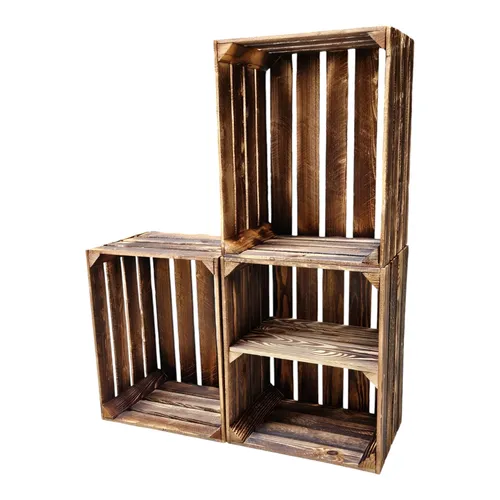 Holzkisten Geflammt 3er Set - Vintage Aufbewahrung - Praktisches 3er Set aus geflammtem Holz für stilvolle Aufbewahrung. Stapelbar und ideal für Weinflaschen, mit natürlichem Griff und robustem Design für den täglichen Einsatz.
