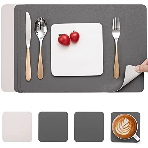 Myir JUN Tischsets Abwaschbar und Untersetzer, Platzset Leder Platzdeckchen Abwaschbar Doppelseitigen Tischsets Umkehrbares Tischset rutschfest Tischset Lederoptik (Grau Beige, Satz von 4)